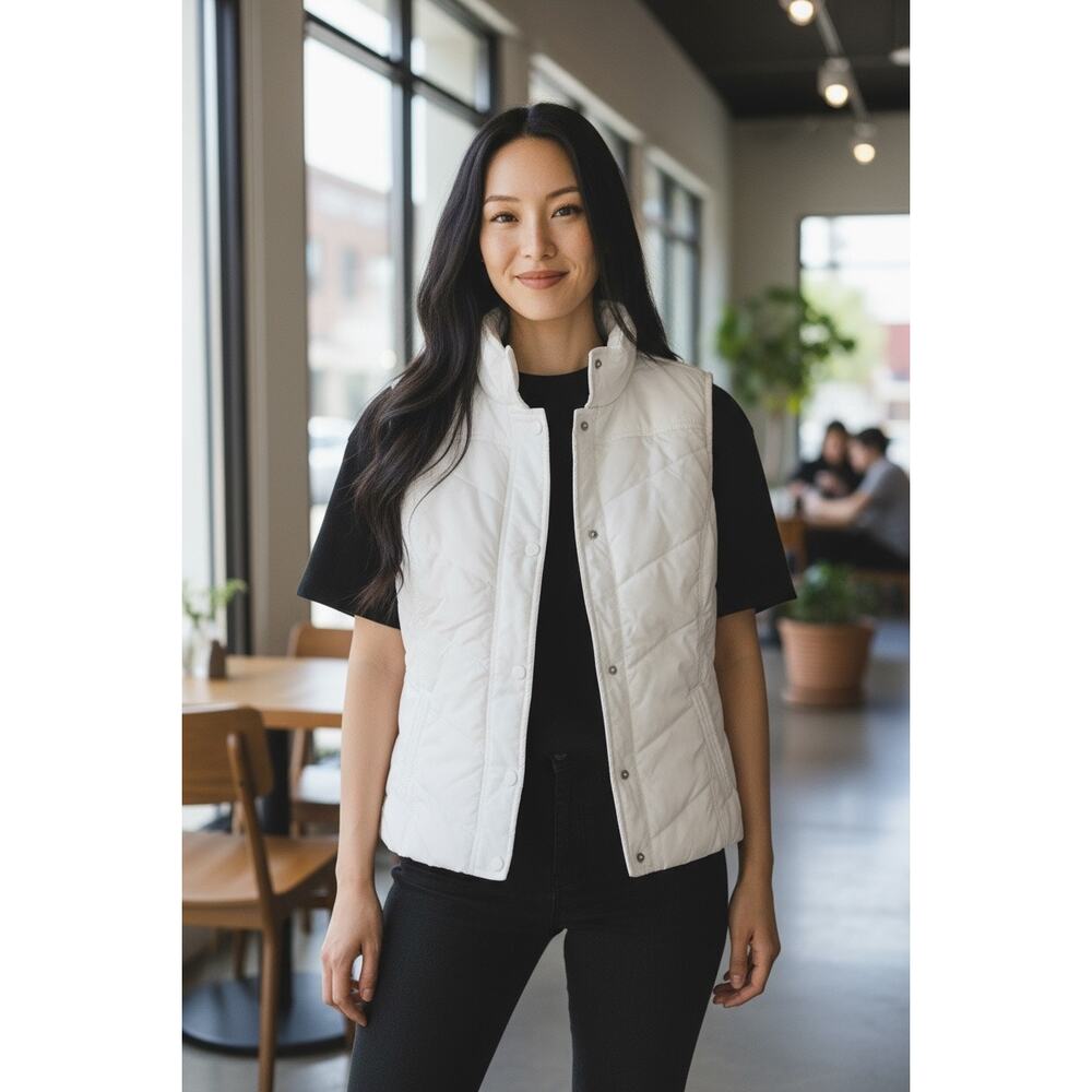 Sonoma Ivory Puffer Vest Women’s Size L — Snap & Zip, Lined Quilted